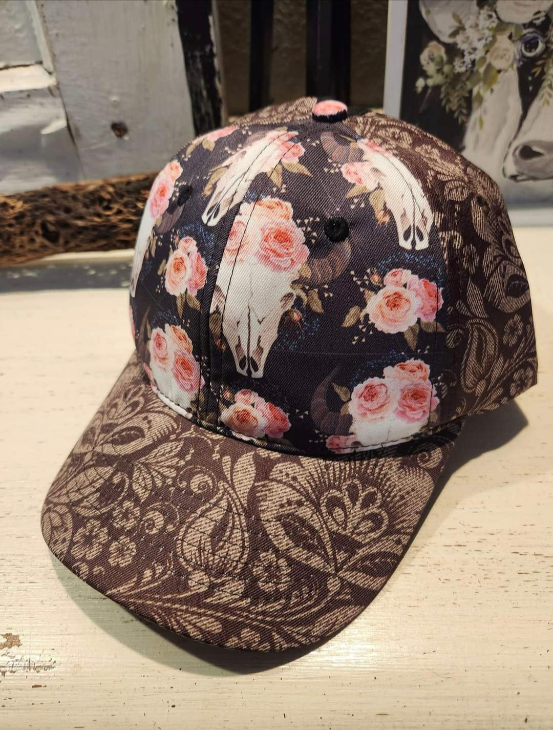 Bull Floral Messy Bun Ponytail Hat