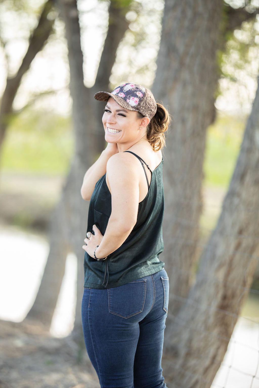 Bull Floral Messy Bun Ponytail Hat