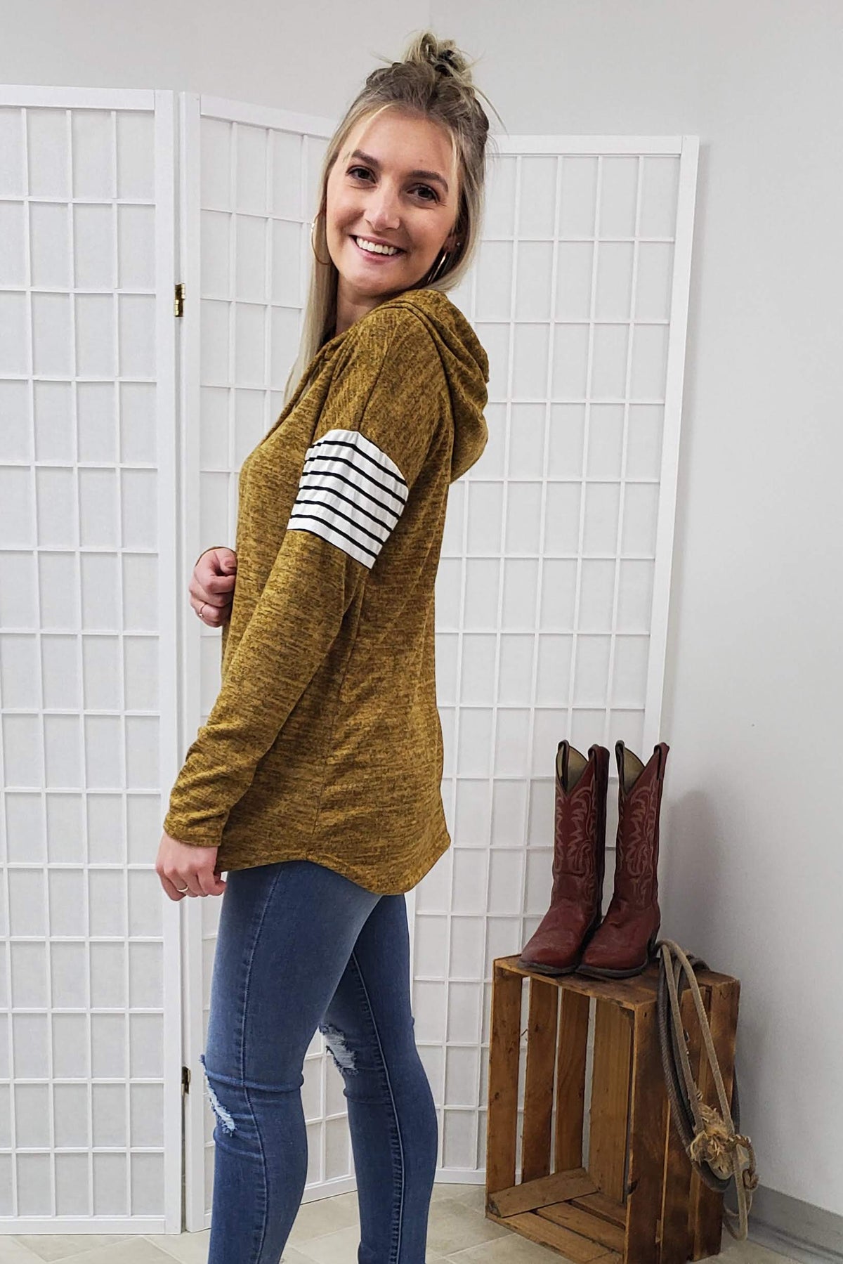 Leandra Mustard Hooded Top SMALL, MEDIUM