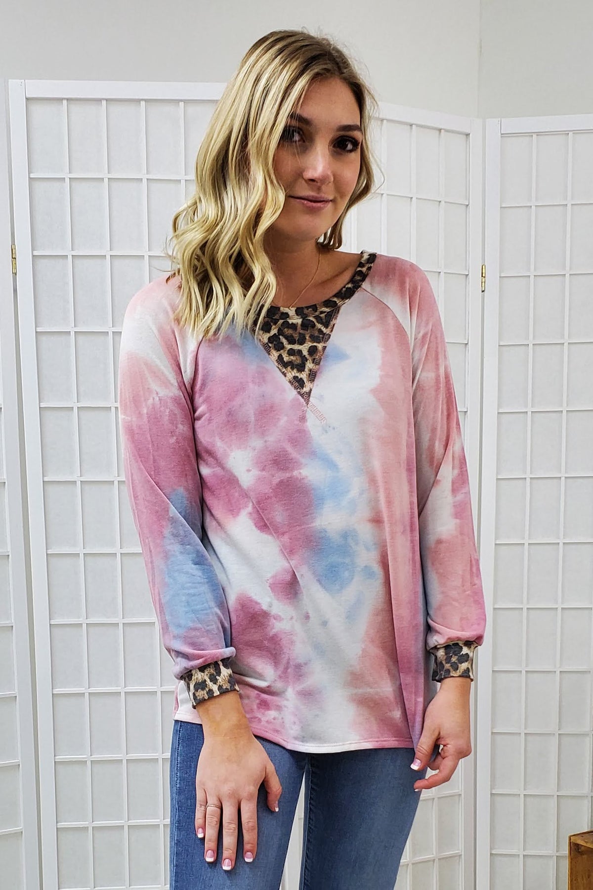 Indy Leopard Trim Tie Dye Top SM, MED, LG, 2XL D5