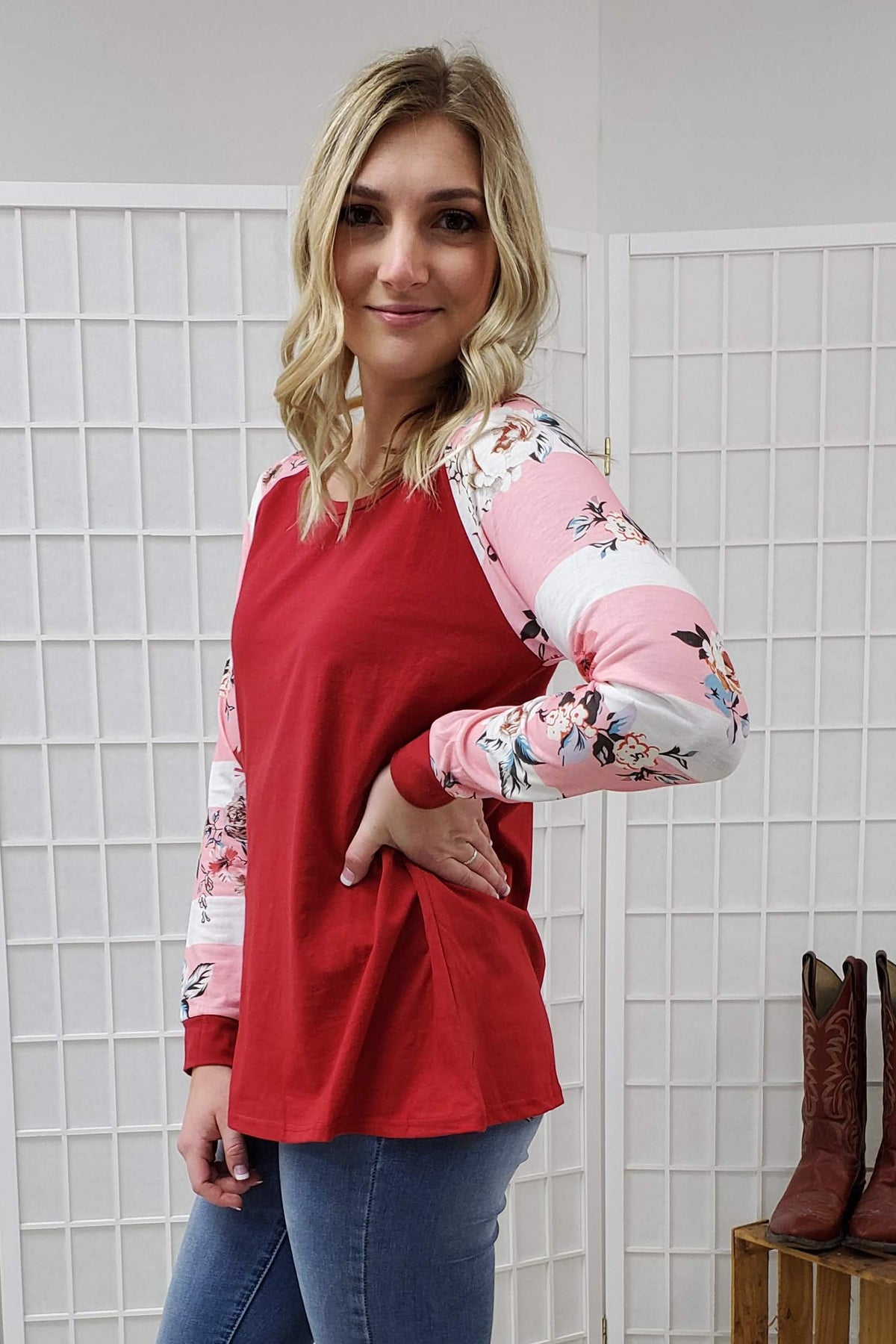 Julia Red Floral Striped Sleeve Top SMALL, MEDIUM D5