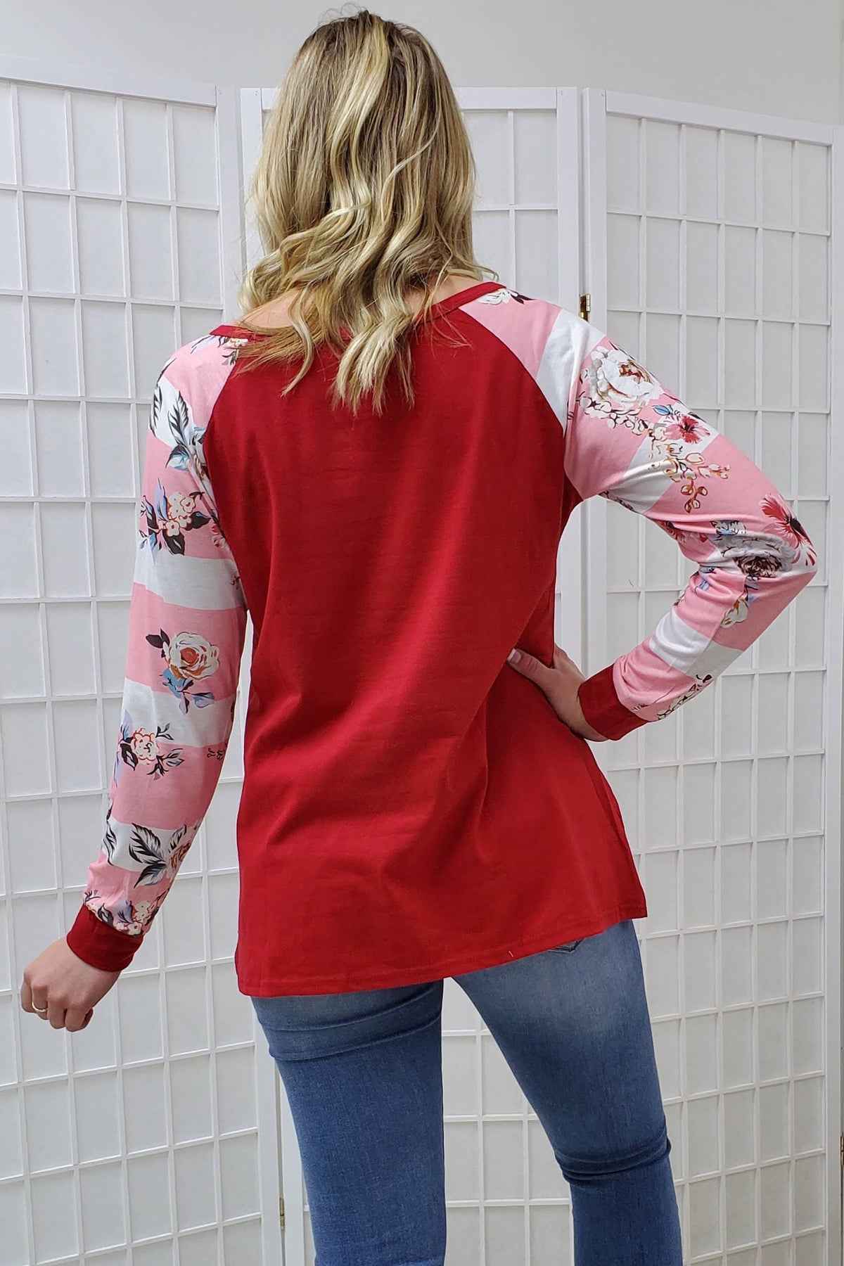 Julia Red Floral Striped Sleeve Top SMALL, MEDIUM D5