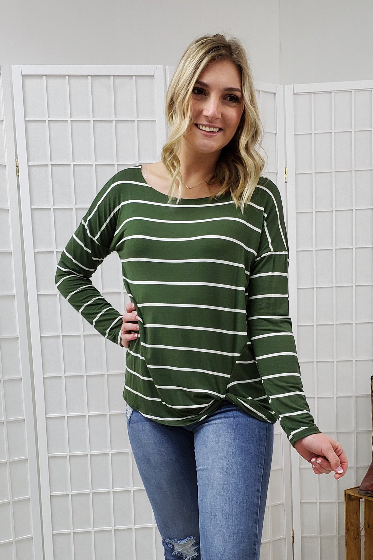 Shelby Dark Olive Striped Top SMALL, MEDIUM