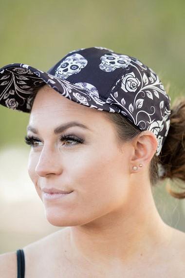 Skull Rose Messy Bun Ponytail Hat