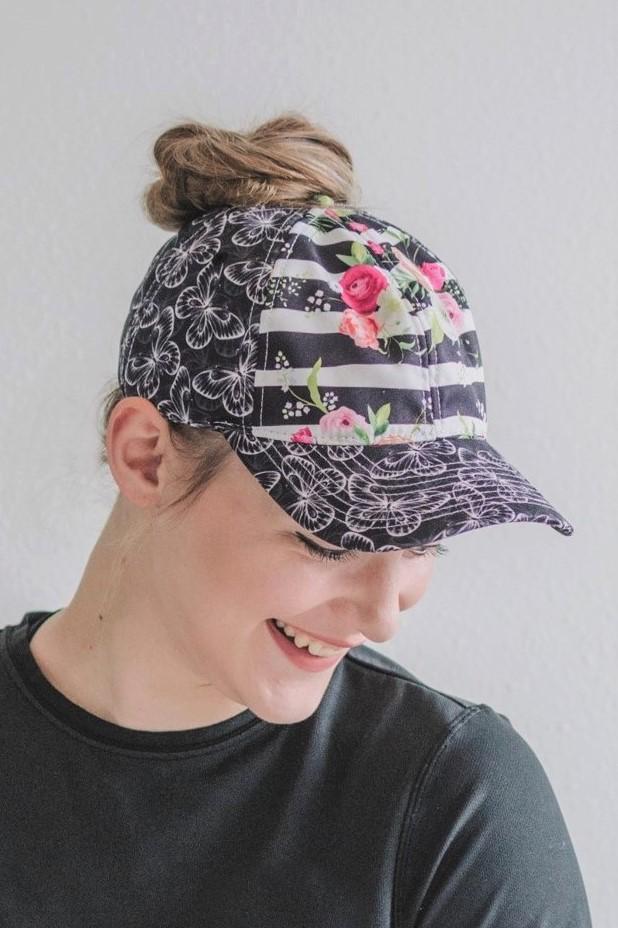 Floral Butterfly Messy Bun Ponytail Hat