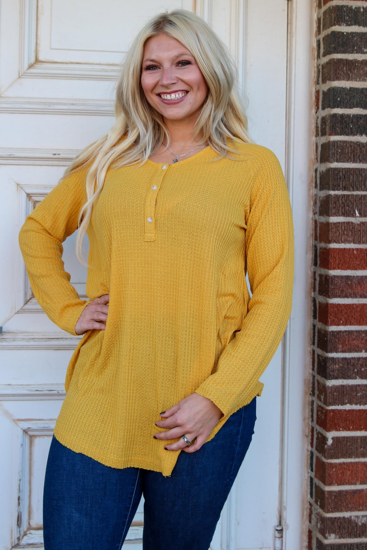 Bianca Mustard Waffle Knit Top SMALL, MEDIUM