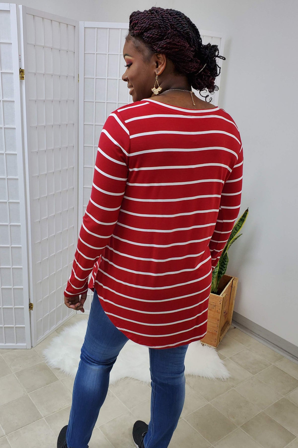 Trista Dark Red Ivory Striped Top LARGE