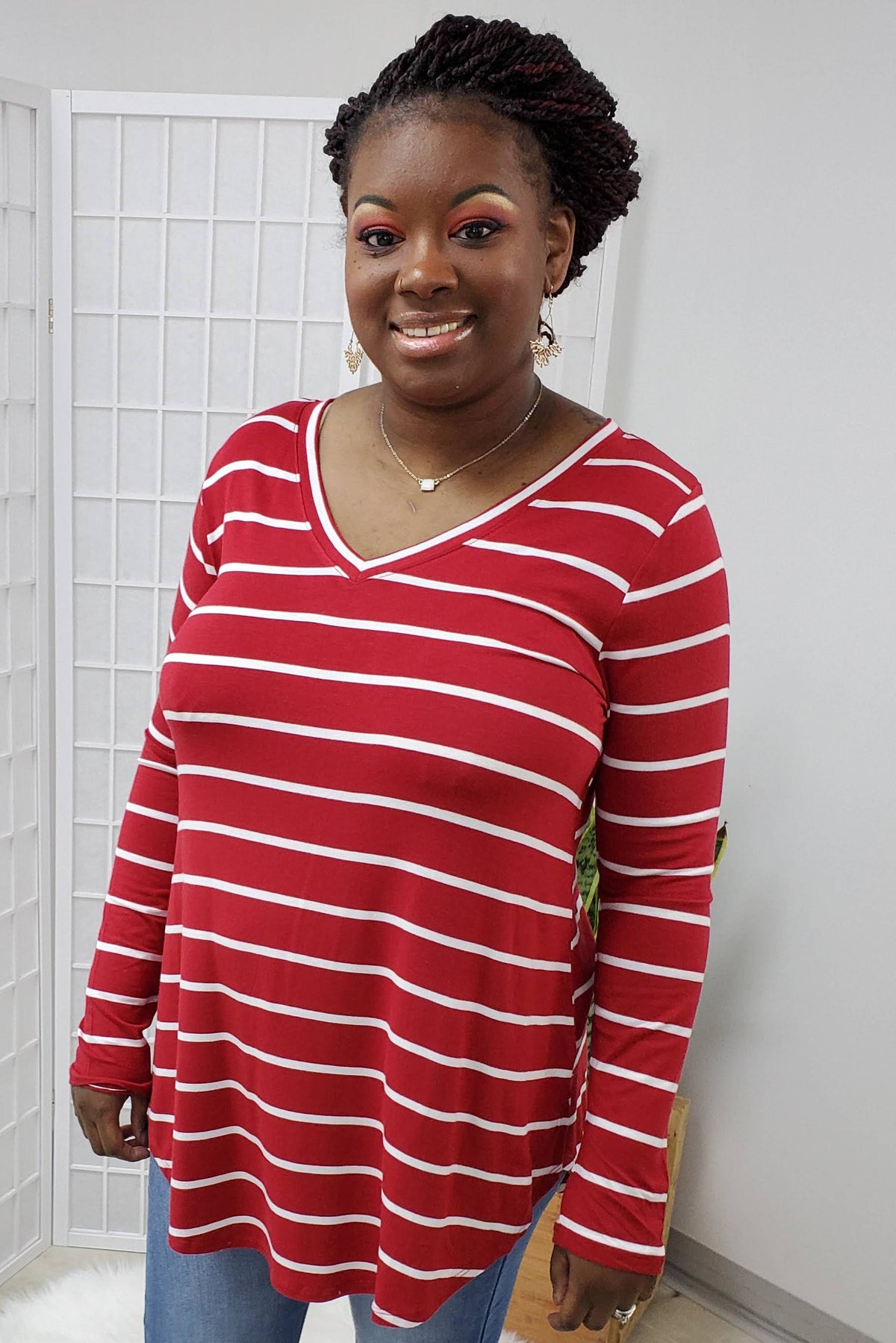 Trista Dark Red Ivory Striped Top LARGE