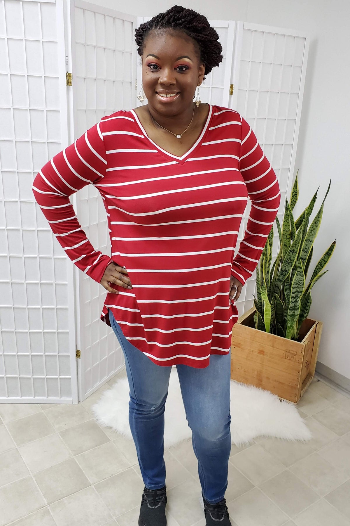 Trista Dark Red Ivory Striped Top LARGE