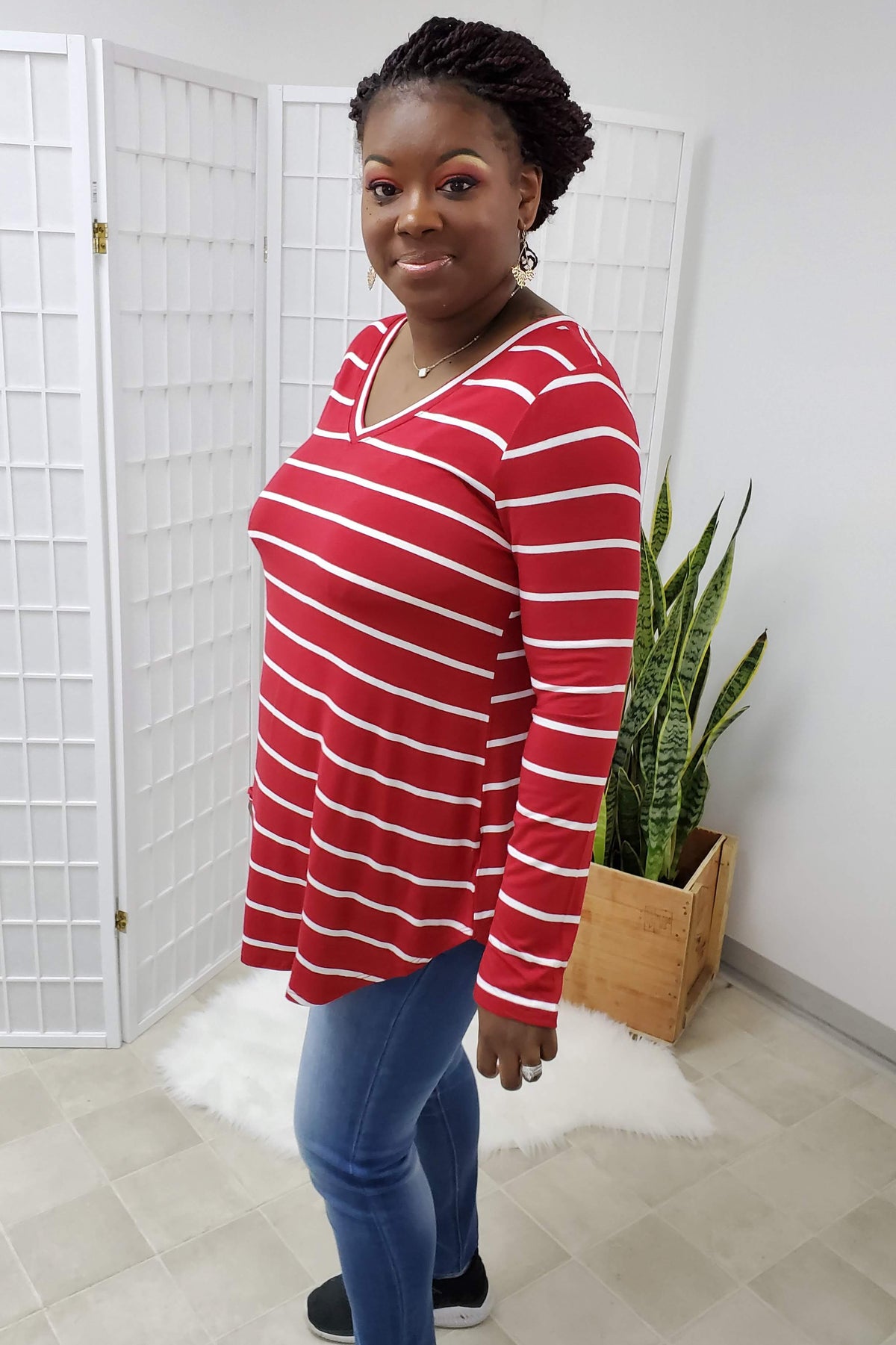 Trista Dark Red Ivory Striped Top LARGE