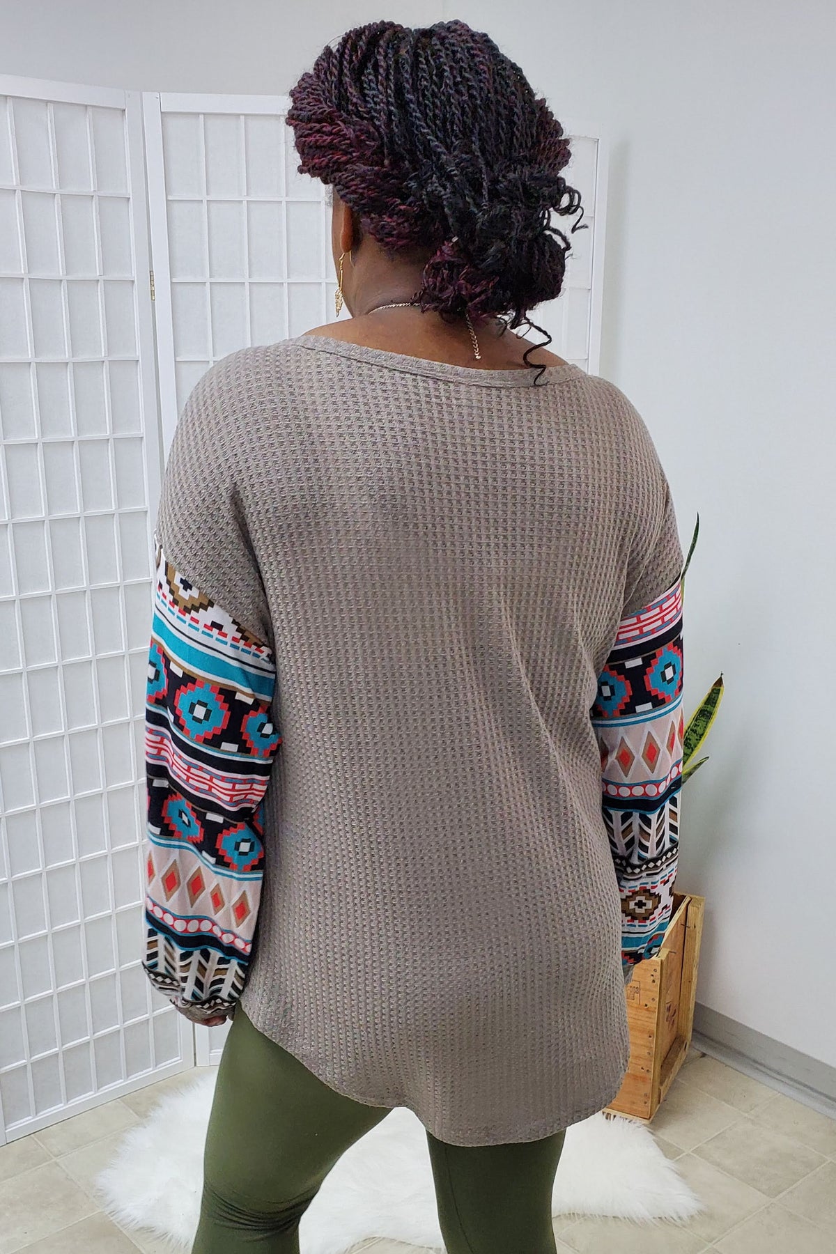 Liv Aztec Waffle Top SMALL, MEDIUM