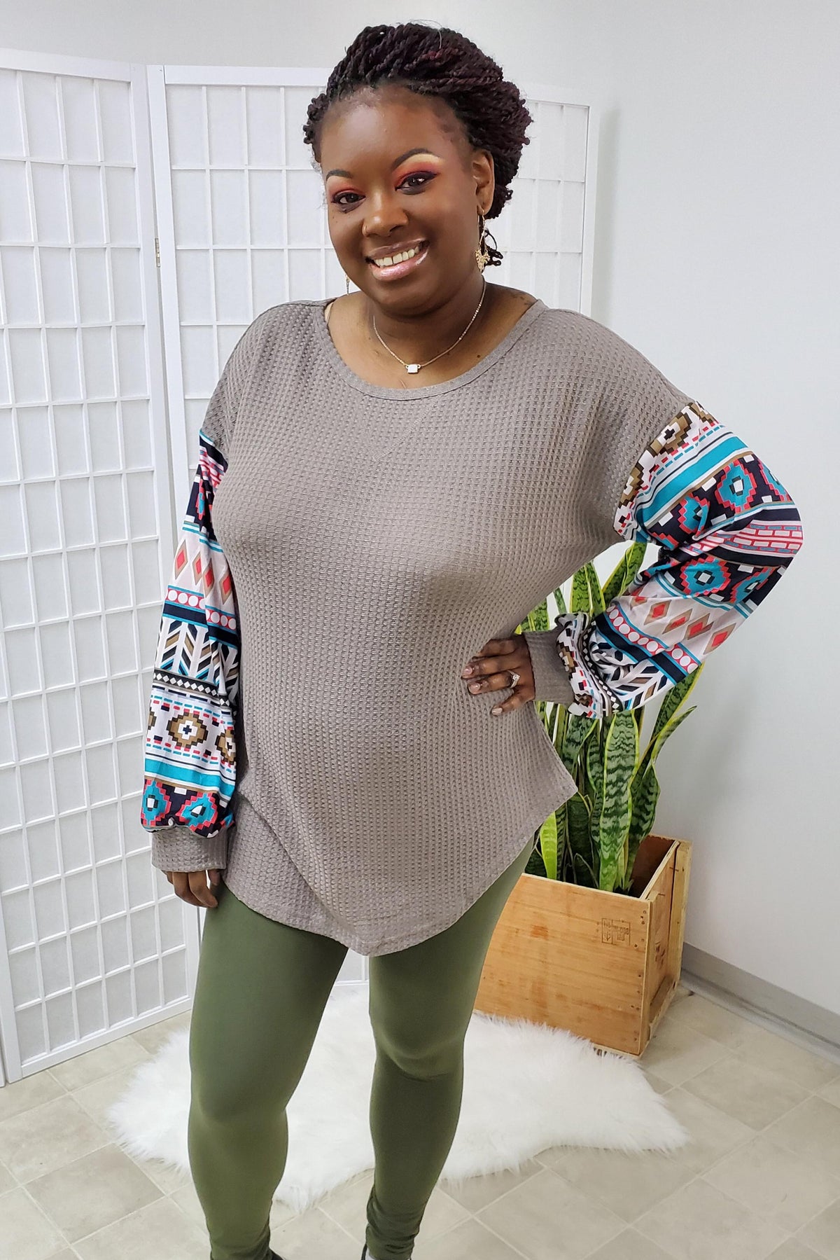 Liv Aztec Waffle Top SMALL, MEDIUM