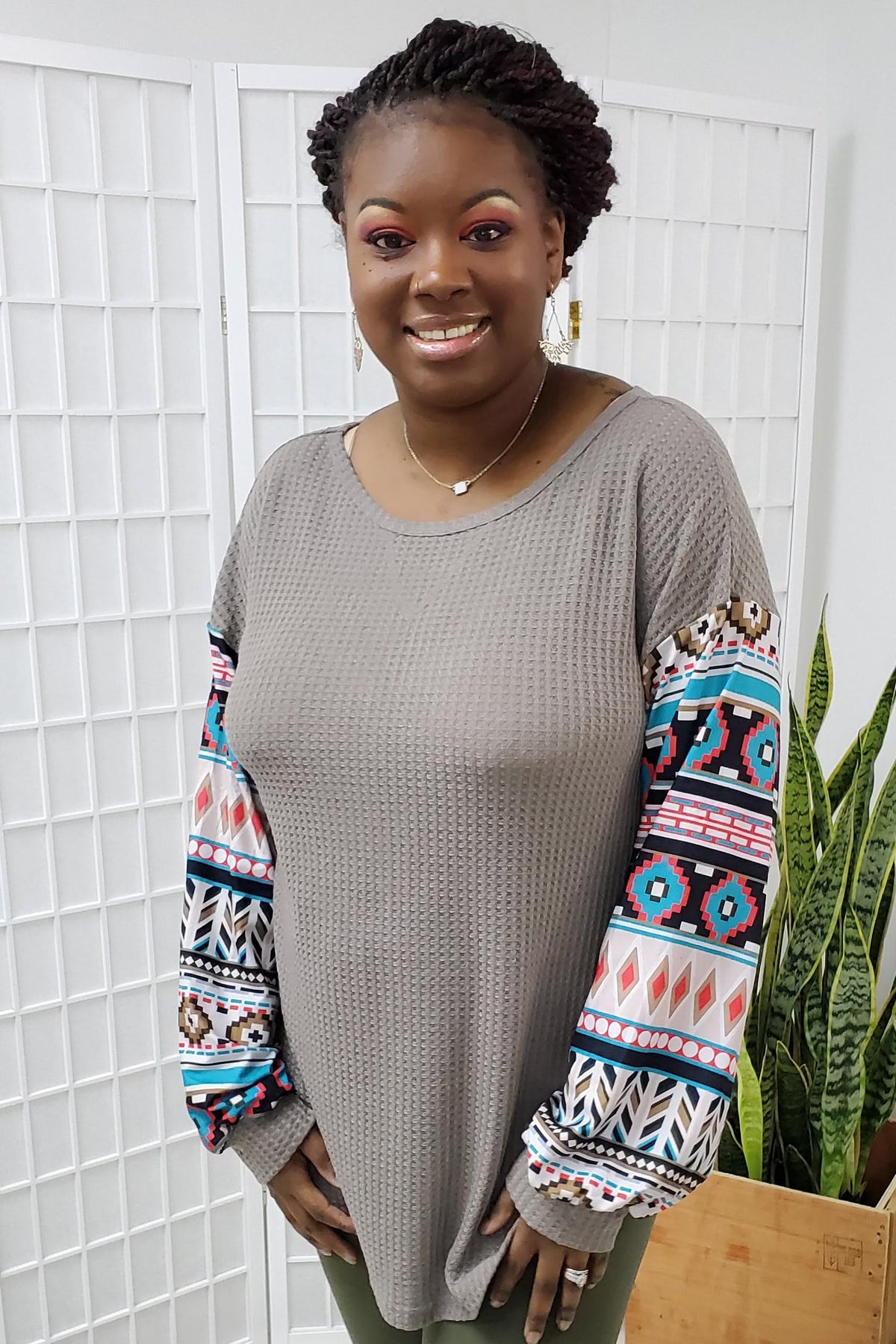 Liv Aztec Waffle Top SMALL, MEDIUM