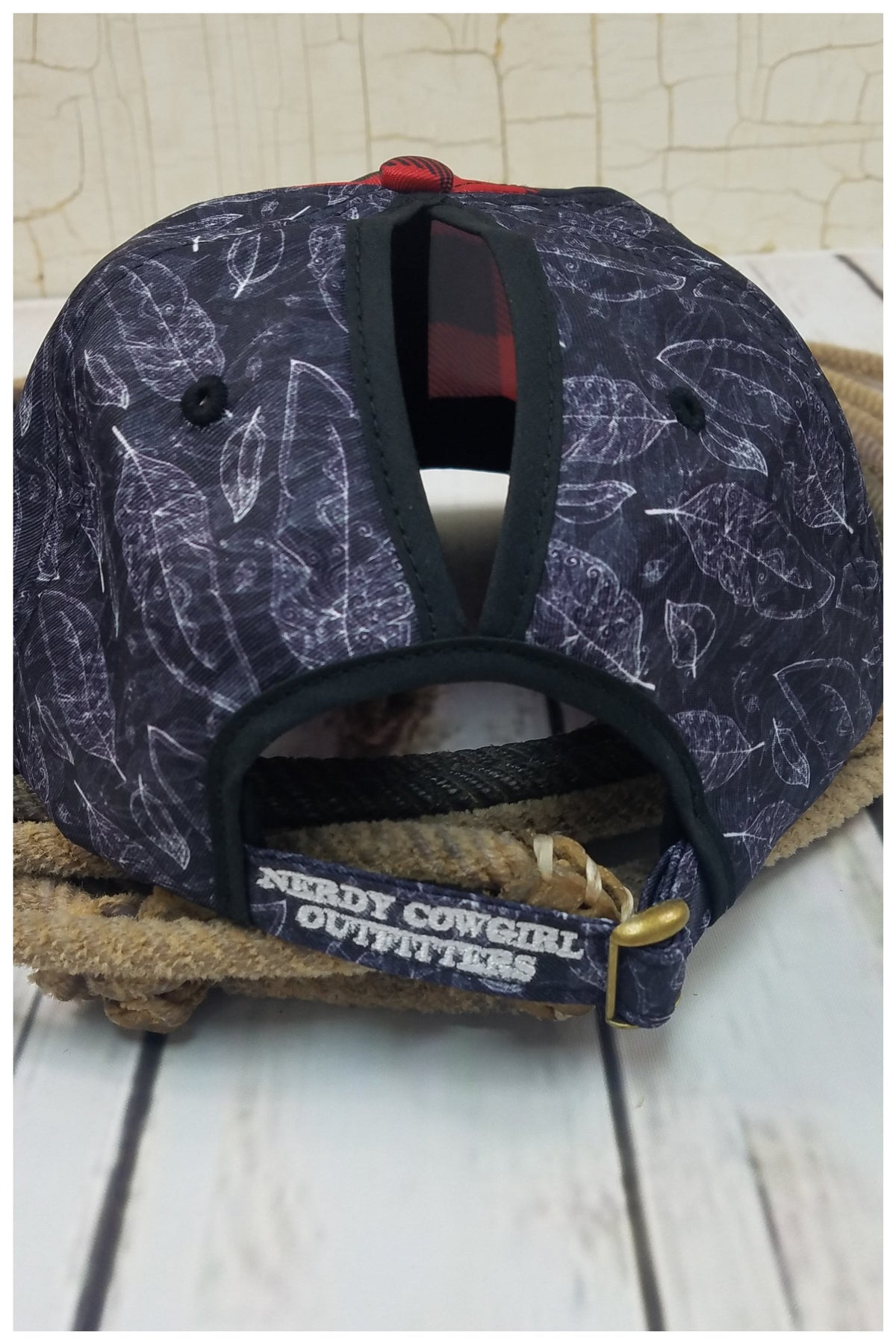 Buffalo Plaid Feathers Messy Bun Ponytail Hat