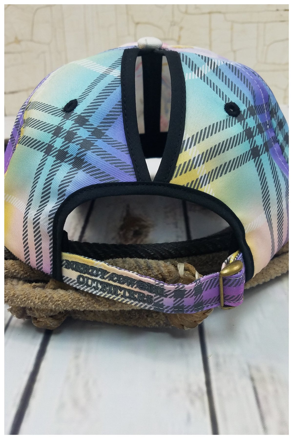 Unicorn Rainbow Plaid Messy Bun Ponytail Hat