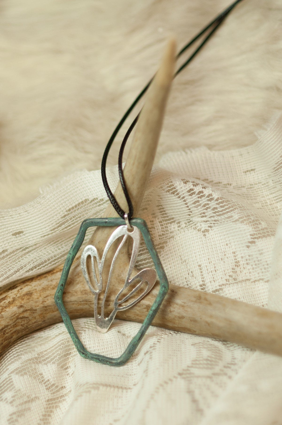 Patina Hexagon Silver Cactus Necklace RP-1223 D5